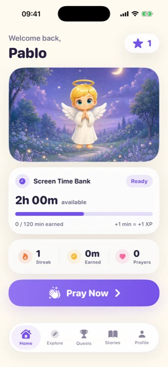 Lumina home screen with the angel companion and the earned screen-time bank